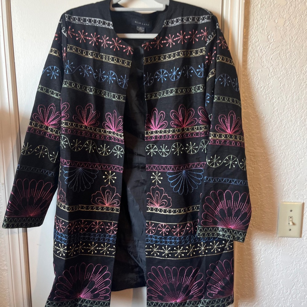 Vintage Silk Land Embroidered Black Starburst Longline Jacket Floral Duster L